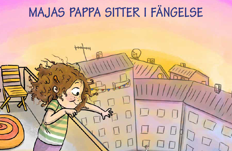 En tecknad film med en tjej med lockigt hår som viftar från en balkong