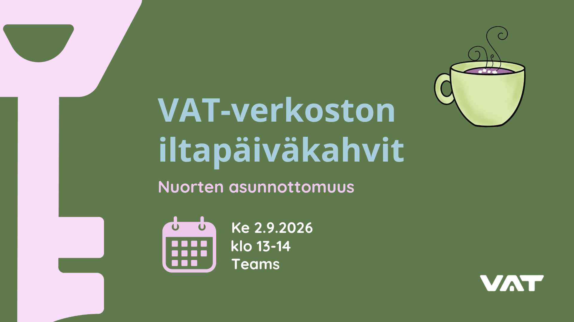 Verkoston tapahtuman tiedot, kuvassa on myös vihreällä pohjalla iso avain-symboli sekä kahvikuppi.